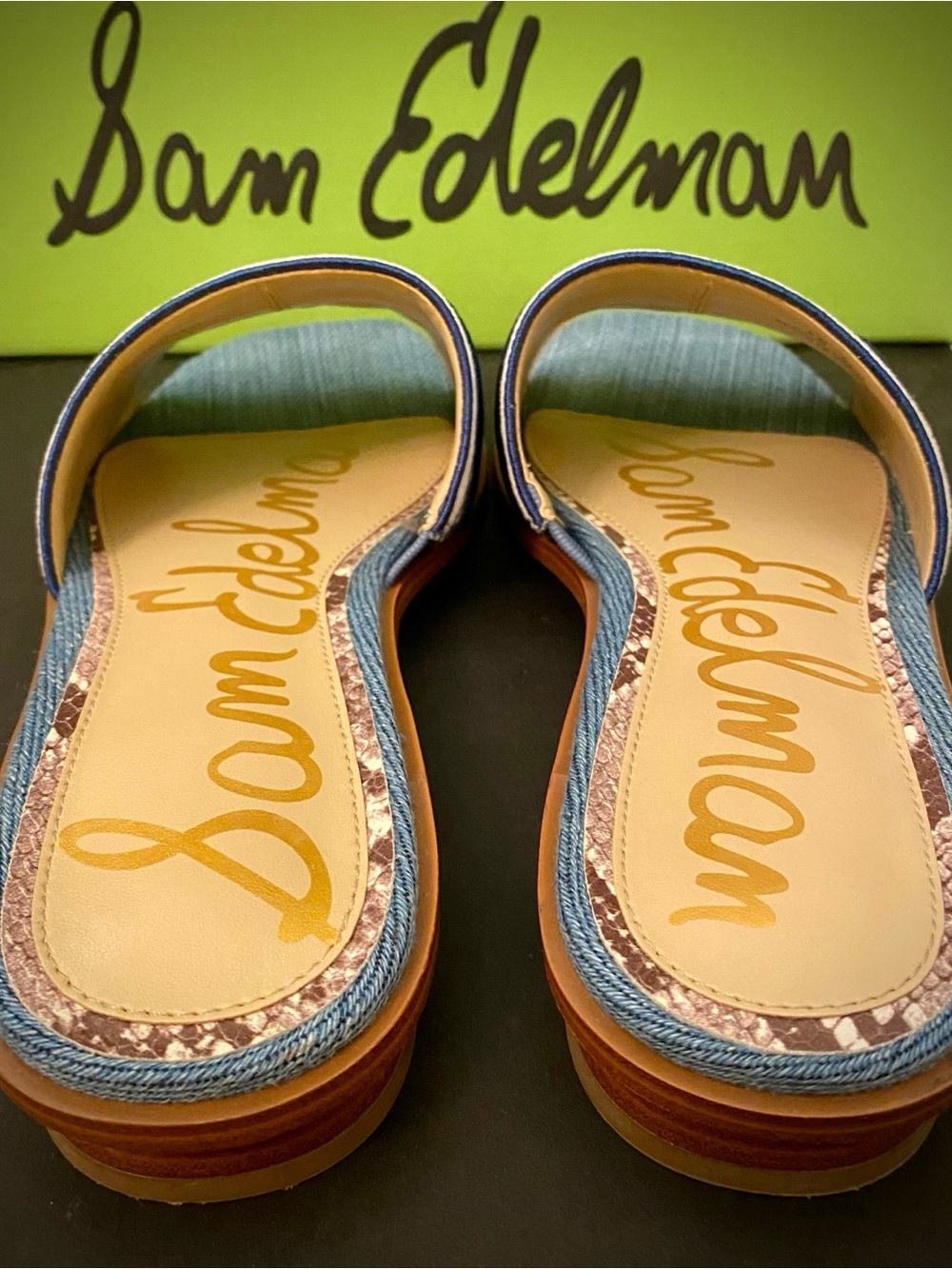 Sam Edelman Denim Blue & Tan Slide Mules with Snakeskin Trim